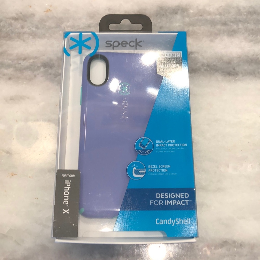 Speck iPhone X case, purple and teal